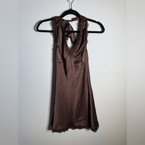 Lioness Stars Align Mini Dress Chocolate Satin Lace Halter Size Small NWT